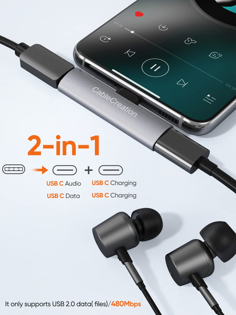 [Australia - AusPower] - USB C Splitter, CableCreation 2-in-1 USB C Audio and PD Charging Adapter, Compatible with New iPad Pro, MacBook Air, Galaxy S9, S10, S20, S21 Ultra, S22, Pixel 2 3 XL, Aluminum Gray 