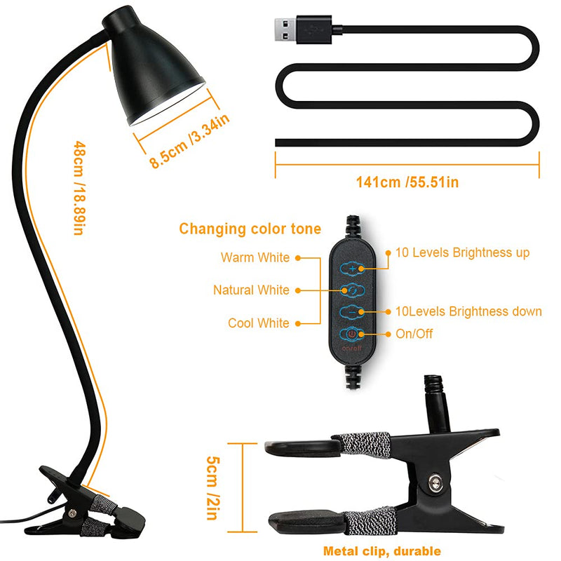 [Australia - AusPower] - BOHON Desk Lamp 3 Color Modes 10 Brightness Dimmer Reading Light 10W 38 LED Clamp Lamp with Auto Off Timer 360° Flexible Gooseneck Clip on Light for Bed Bedside, AC Adapter Include Black 