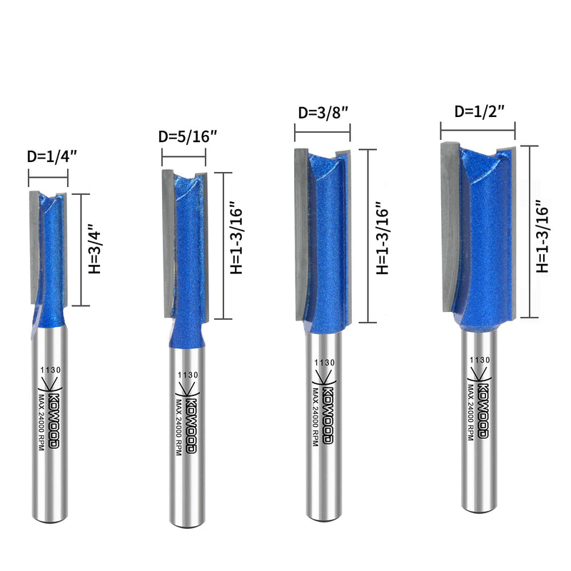 [Australia - AusPower] - KOWOOD Plus Double Flute Straight Router Bit Set, 1/4 Inch Shank. Cutting Diameter in 1/4”, 5/16”, 3/8”, 1/2”. with Updated Kowood C3 Carbide. Great for Create Groove, dado or Hollow 