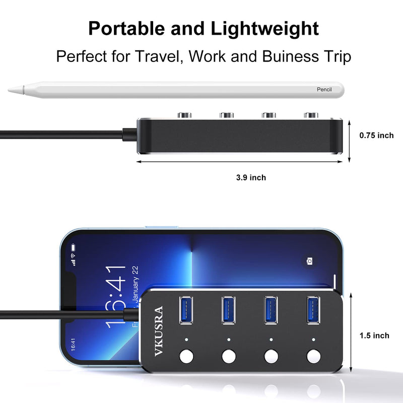 [Australia - AusPower] - USB Hub,VKUSRA 4 Port USB 3.0 Hub Splitter with 4ft USB Extension Cable Multiple Port and Individual On/Off Switchs,USB Port Expander for Laptop PC USB HUB 4 PORTS 