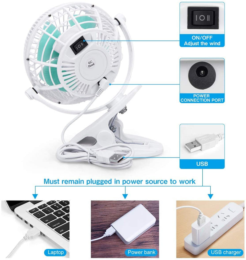 [Australia - AusPower] - USB Desk Fan, 4 inch Stroller Fan, Mini Clip on Fan , 2 Speed Portable Quiet Fan, 360° Rotate USB Fan for Home, Office and Camping(White) White 