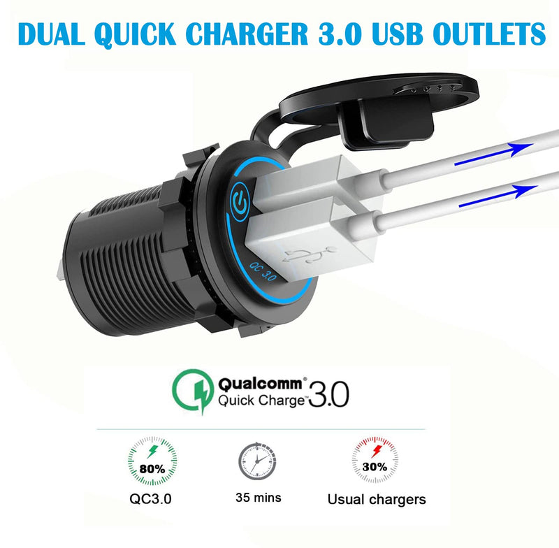 [Australia - AusPower] - [2021 Upgraded] Quick Charge 3.0 Cigarette Lighter Outlet Splitter, 12V USB Charger Waterproof Power Panel Adapter DIY Kit with Touch Switch Blue LED Dual USB Ports for Car Boat Marine RV DIY Kit 