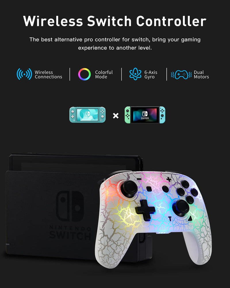 [Australia - AusPower] - Switch Controller, Wireless Switch Pro Controller for Switch/Switch Lite/Switch OLED, 8 Colors Adjustable LED Wireless Remote Gamepad with Unique Crack/Turbo/Motion Control (White) 