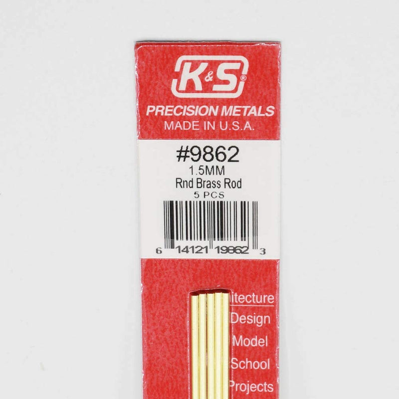 [Australia - AusPower] - K&S Precision Metals 9862 Round Brass Rod, 1.5mm Diameter X 300mm Long, 5 Pieces per Pack, Made in The USA 