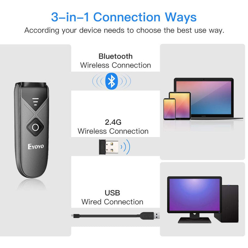 [Australia - AusPower] - Eyoyo Mini 2D QR 1D Bluetooth Barcode Scanner, Portable Wireless Barcode Reader with USB Wired/Bluetooth/ 2.4G Wireless Connection PDF417 Data Matrix Image Scanner for iPad, iPhone, Android, Tablet PC Mini 2D Bluetooth Barcode Scanner 