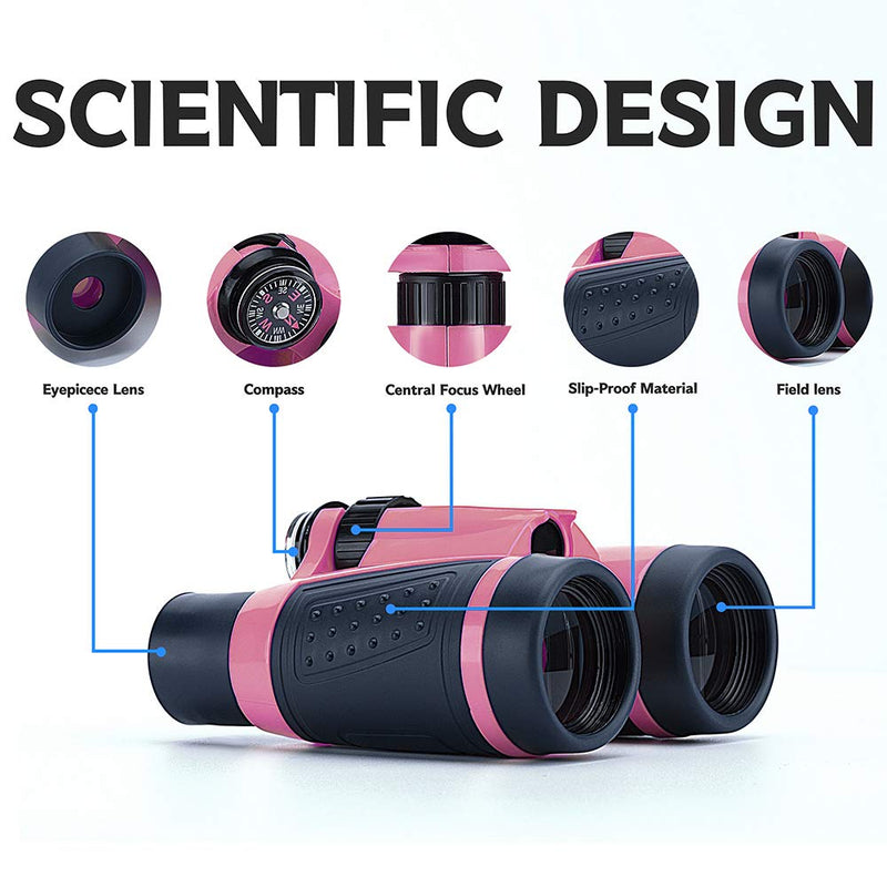[Australia - AusPower] - Vanstarry Compact Binoculars for Kids Bird Watching Hiking Camping Fishing Accessories Gear Essentials Best Toy Gifts for Boys Girls Children Toddler Waterproof 5X30 Optical Lens Including Compass Pink 
