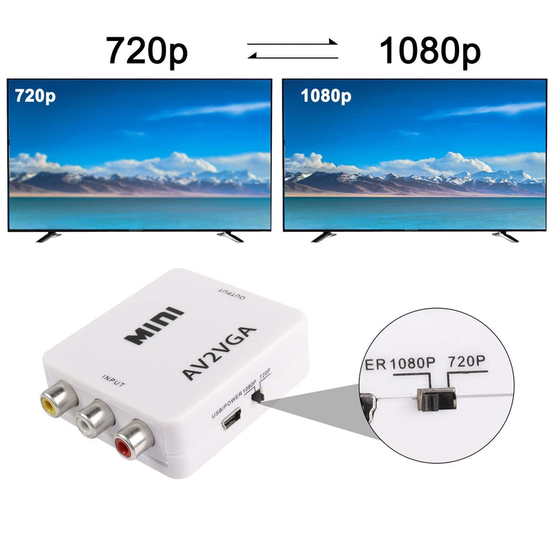 [Australia - AusPower] - XMSJSIY AV RCA to VGA Adapter Audio Video Converter,Composite AV to VGA +3.5mm TV Video Playing Adapter 1080p with USB Power Cable VCD DVD Projector TV Set Top Box 