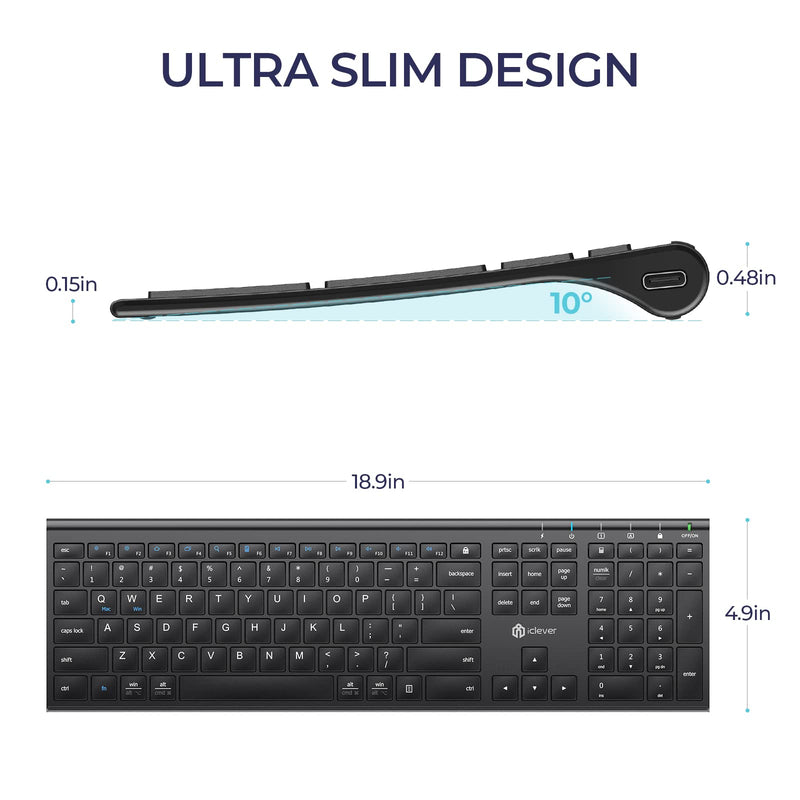 [Australia - AusPower] - iClever GK20 2.4G Wireless Keyboard, USB-C Rechargeable Stainless Steel Ultra Slim Full Size Keyboard with Numeric Keypad for Windows 7/8/10, Mac, Chromes OS, iMac, MacBook Air/Pro, Laptop, Desktop PC Black 
