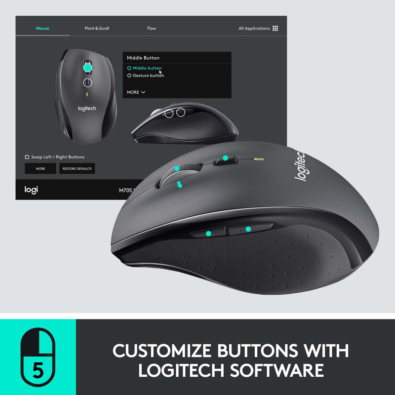 [Australia - AusPower] - Logitech M705 Marathon Wireless Mouse, 2.4 GHz USB Unifying Receiver, 1000 DPI, 5-Programmable Buttons, 3-Year Battery, Compatible with PC, Mac, Laptop, Chromebook - Black 