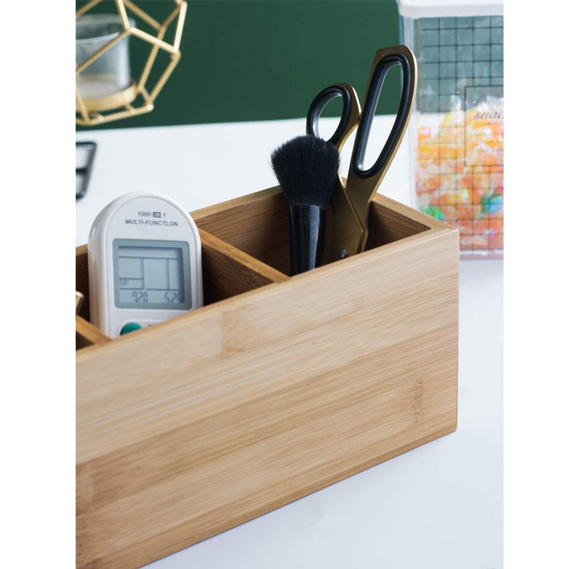 [Australia - AusPower] - YOSCO Bamboo Wood Pens Pencils Holder Cup for Desk Remote Control Holder, Caddy,Organizer,Desktop Storage with 3 Compartments,Multiuse for Store TV Remotes,Game Console,Phones,Office Supplies (3 Grid) 