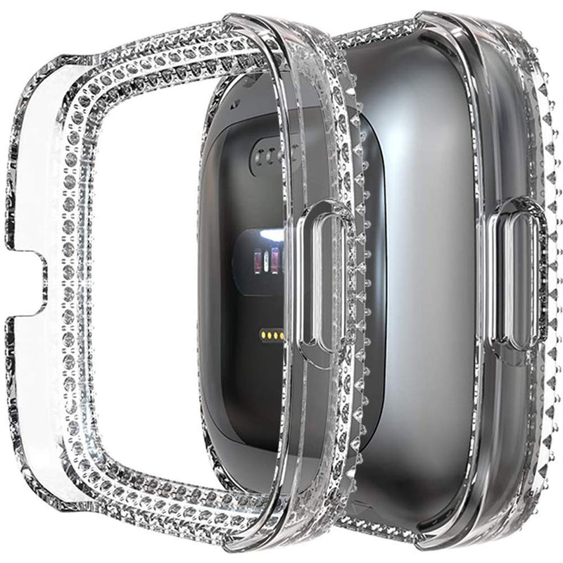 [Australia - AusPower] - YOTAN 2Pack Watch Protector Case Compatible with Fitbit Versa 2 Cover, Bling Double Row Crystal Diamond PC Plated Bumper Frame Smartwatch Cover Accessories for Girls Women Clear 