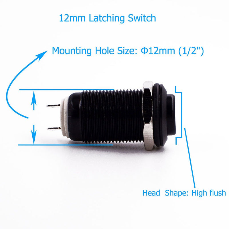 [Australia - AusPower] - Latching Push Button Switch, URTONE UR129, 1NO ON/Off DC/AC 36V 2A Aluminum Alloy Metal Shell Suitable for 12mm 1/2" Mounting Hole (Black) Black 