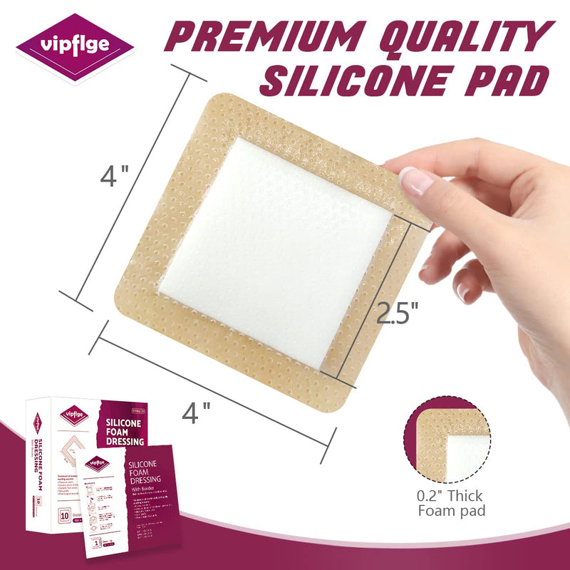 [Australia - AusPower] - Silicone Foam Dressing with Gentle Adhesive Border 4'' x 4'' 10 Pack, High Absorbency Foam Wound Bandage for Bed Sore, Pressure Ulcer, Diabetic Foot Ulcer, Leg Ulcer 