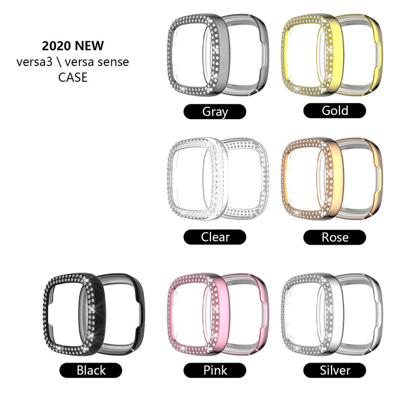 [Australia - AusPower] - 2-Pack Screen Protector Case for Fitbit Sense/Versa 3 Cover, Bling Double Row Crystal Diamonds TPU Plated All-Around Bumper Frame Smartwatch Accessories (Rose Gold Clear) rose gold clear 