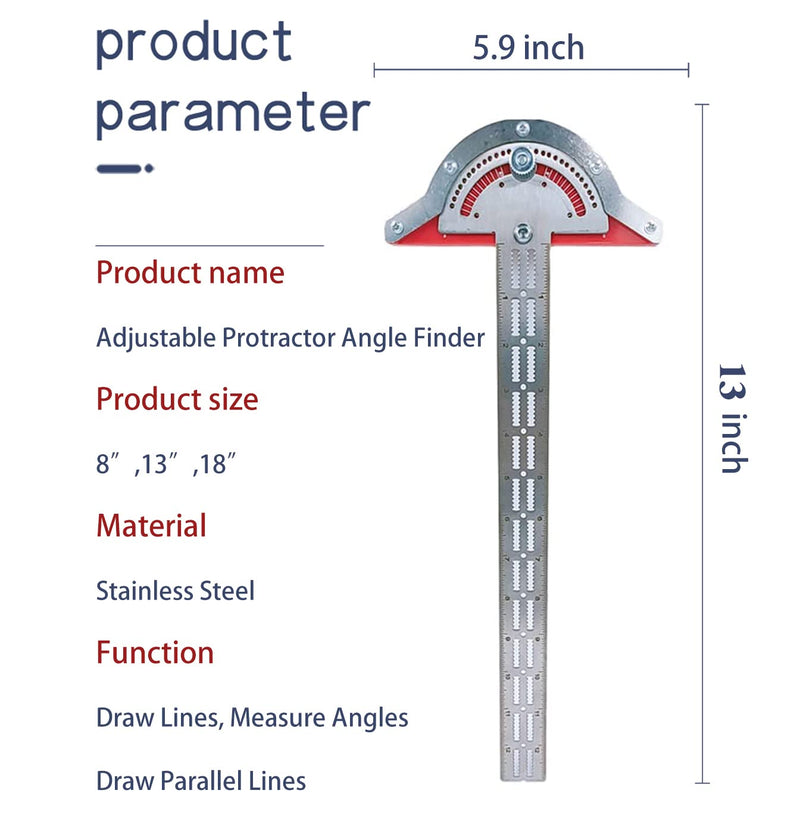 [Australia - AusPower] - Metal Protractor Edge Finder,Edge Ruler Woodworking, Multi-Function Angle Measuring Ruler for Marking and Angle Measure Wood Working Tools（13-INCH） 13 In 