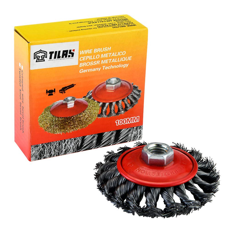 [Australia - AusPower] - TILAX 4 Inch Wire Wheel Brush, Knotted Twist Wire Wheel for Grinders and Angle Grinder, 5/8 Inch-11 Threaded Arbor, 0.020 Inch Carbon Steel Wire, Heavy-Duty Conditioning for Metal 