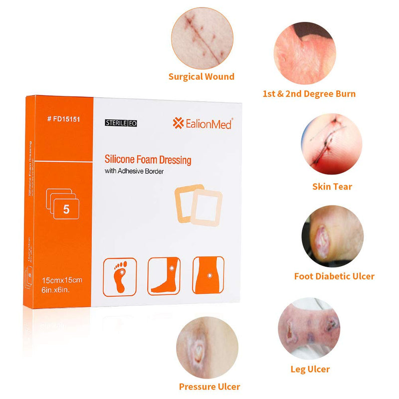 [Australia - AusPower] - Silicone Foam Dressing with Gentle Adhesive Border 6''x6'' 5 Pack, Painless Removal High Absorbency Waterproof Bed Sore Bandage for Pressure Ulcer, Leg Ulcer, Diabetic Foot Ulcer by EalionMed 6x6 Inch (Pack of 5) 