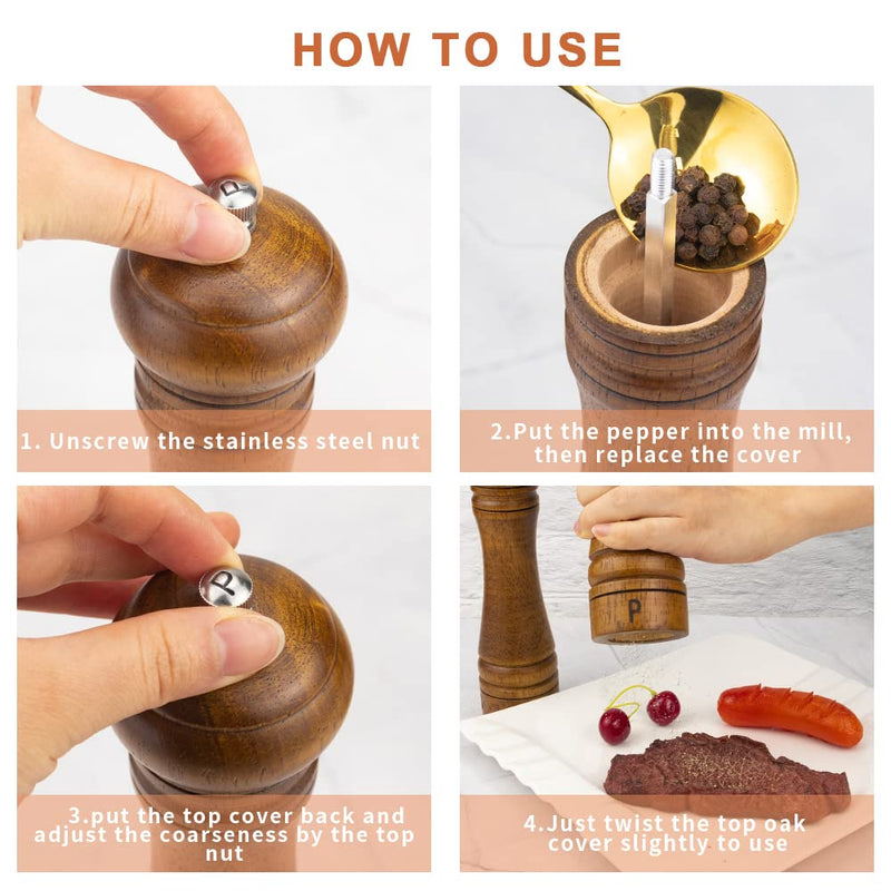 [Australia - AusPower] - XQXQ Wood Salt and Pepper Mill Set, Pepper Grinders, Salt Shakers with Adjustable Ceramic Rotor- 8 inches -Pack of 2 