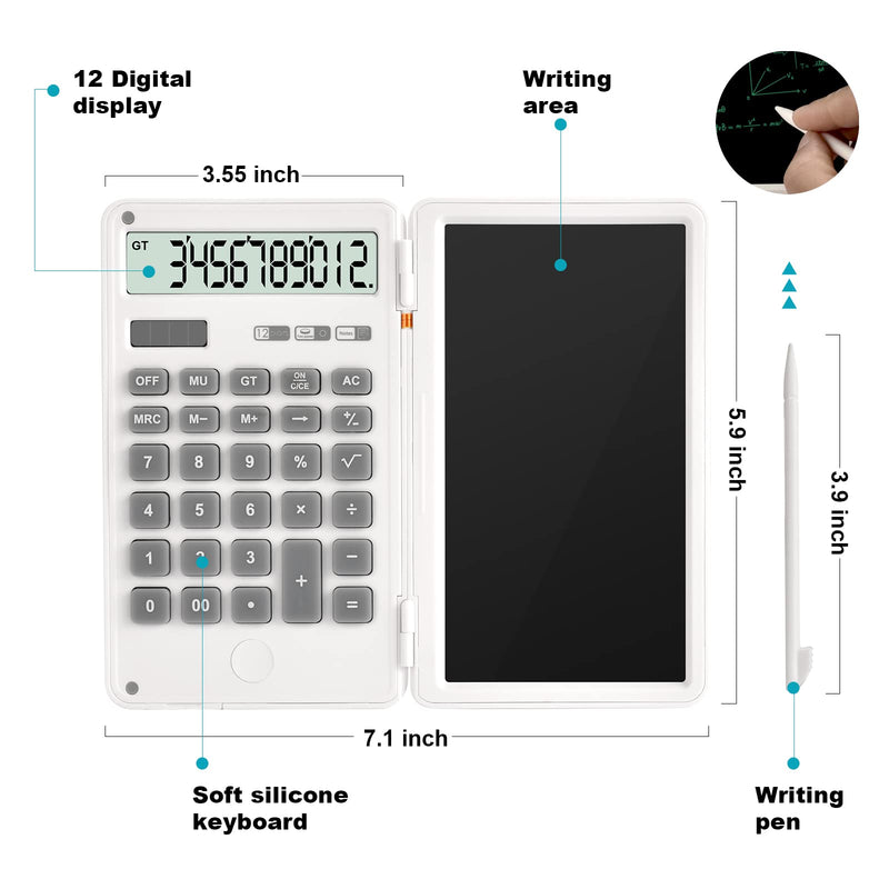 [Australia - AusPower] - Ailelan Scientific Calculator with Notepad, 12-Digit LED Display Basic Standard Function Calculator with Writing Tablet, 2 in 1 Foldable Desktop Calculator for School and Office, Black White 