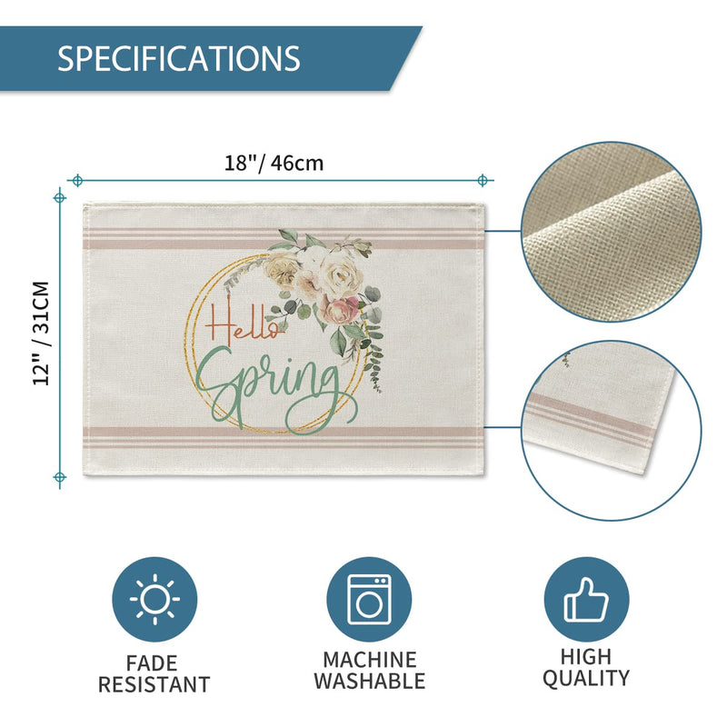 [Australia - AusPower] - Artoid Mode Hello Spring Rose Elegant Easter Placemats for Dining Table, 12 x 18 Inch Spring Summer Seasonal Holiday Rustic Vintage Washable Table Mats Set of 4 