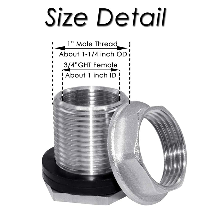 [Australia - AusPower] - Beduan 1" Male to 3/4" GHT Female Bulkhead Stainless Steel Water Tank Connector Thru-Bulk Fitting 1" Male x 3/4" GHT Female 