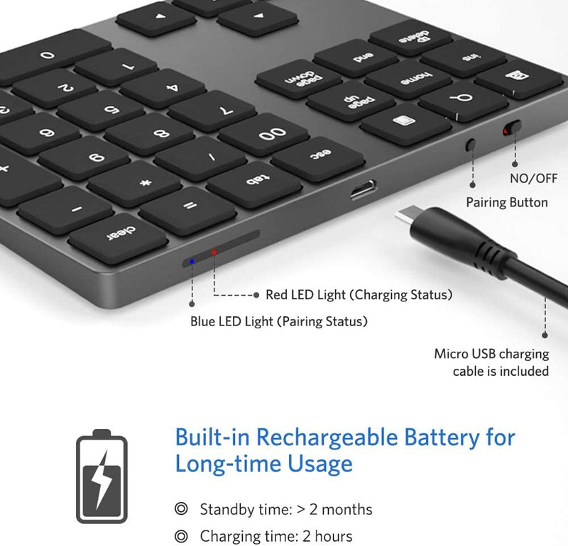 [Australia - AusPower] - Bluetooth Number Pad, Aluminum Rechargeable Numeric Keypad Wireless 34-Keys Number Keyboard Shortcut Keypad Numpad Data Entry Compatible for iMac Windows, MacBook Air/Pro and Laptop etc. Deep Black 