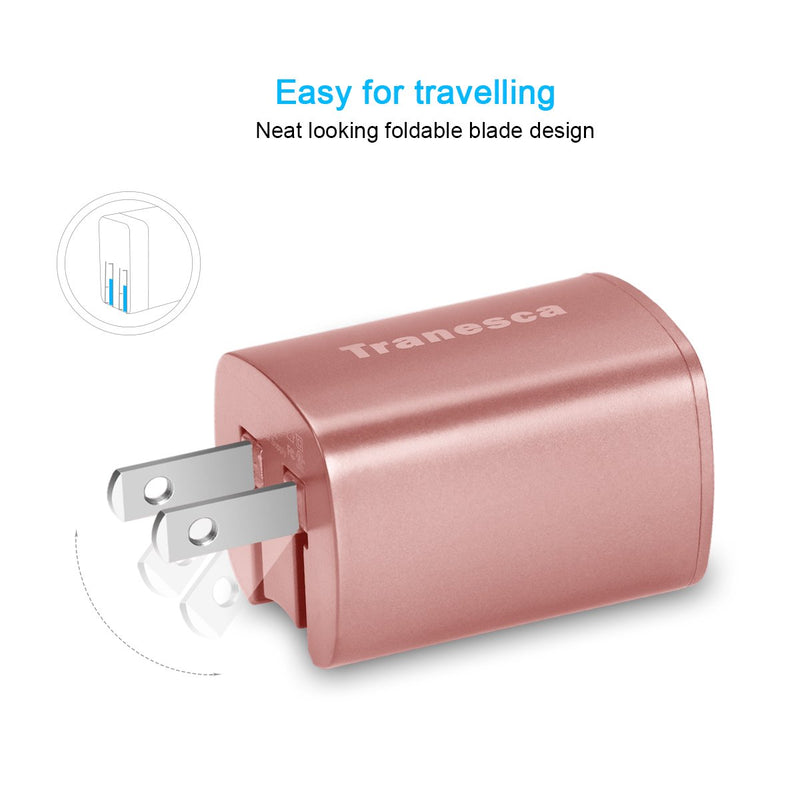 [Australia - AusPower] - Tranesca 2.4 Amp Dual USB Port Travel Wall Charger Cube with Foldable Plug for iPhone X/8/7/6S/6S Plus/6 Plus/6, Samsung Galaxy S9/S8/S7/S6/S5 Edge, LG, HTC, Moto, Kindle and More-Rose Gold Dual USB wall charger - Rose Gold 
