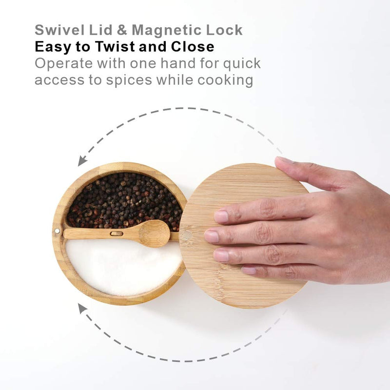 [Australia - AusPower] - KITCHENDAO Bamboo Salt and Pepper Bowl Box - Built-in Serving Spoon to Prevent Lost - Swivel Lid with Magnet to Keep Dry, Dust-free - Salt Cellar Seasoning Container Holder - Dual 7 Ounce Capacity 