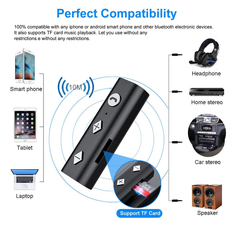 [Australia - AusPower] - Bluetooth Receiver, KINDRM Portable Wireless 3.5mm Aux Bluetooth Car Adapter Mini Bluetooth 5.0 Music Receiver Hands-Free Car Kit for Car Stereo/Home Stereo,Wired Headphones, Speaker, Support TF Card 