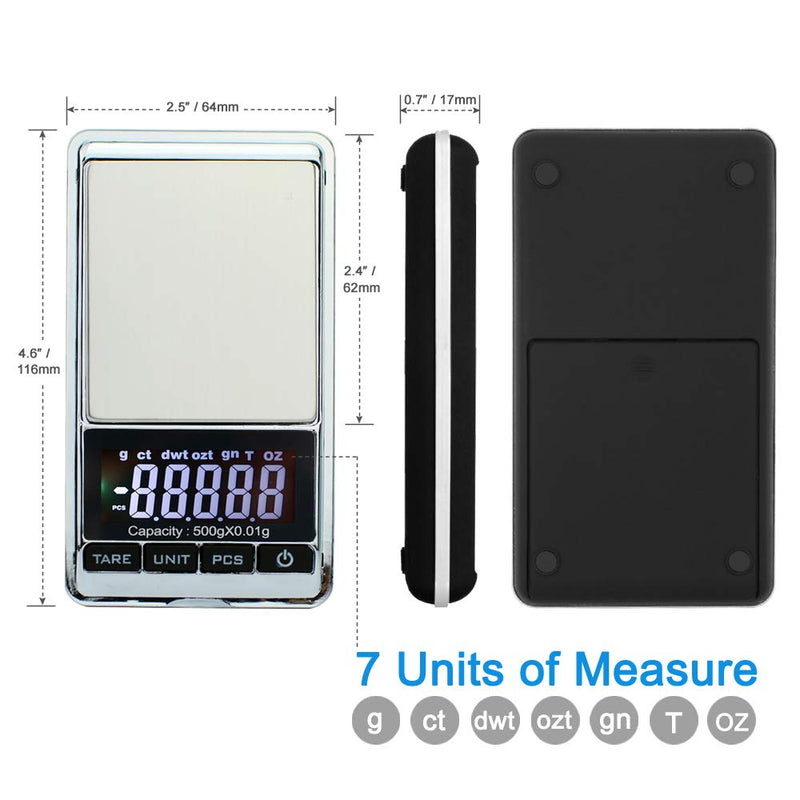 [Australia - AusPower] - Digital Precision Gram Scale, 0.001oz/0.01g 500g Mini Pocket Scale, Portable Electronic Weight Jewelry Scales, Tare, Auto Off, Stainless Steel, White Backlit Display(Battery Included) 