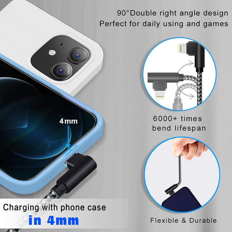 [Australia - AusPower] - OCEEK MFI Certified Lightning Cable iPhone Charger Cable 90 Degree Right Angle 5Pack 3/3/6/6/10ft Fast Game Metal Long USB Cord iPhone 12/11/Pro/Max/X/XS/XR/XS/8/7/Plus/6/6S/SE-BlackGrey BlackGrey 