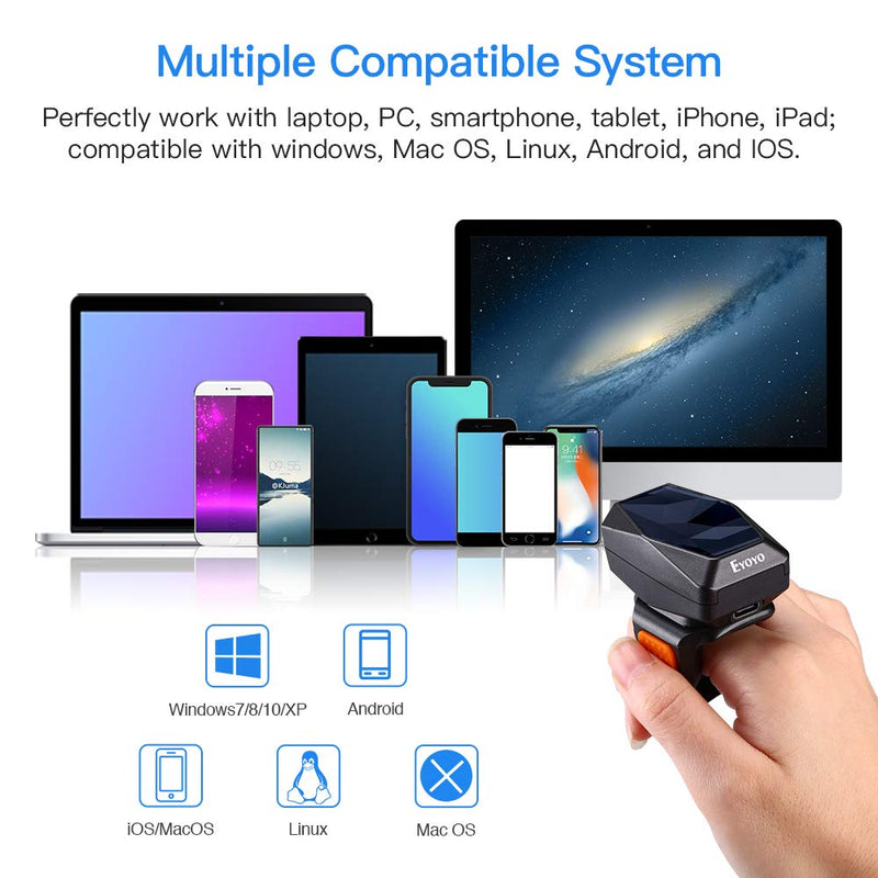 [Australia - AusPower] - Eyoyo 2D Finger Ring Barcode Scanner, Mini Wearable 3-in-1 USB Wired & 2.4G Wireless & Bluetooth Scanner, Image 1D QR Bar Code Reader PDF417 Data Matrix Screen Scan for iPad, Smartphone, PC 