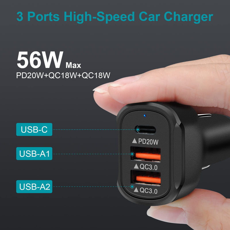[Australia - AusPower] - USB C Car Charger Fast Charging Adapter 56W 3-port Cigarette Lighter Power Plug Type C + Quick Charge 3.0 Automobile Socket, PD Car Block for iPhone 13 12 11 Pro Max, Samsung S22 S21 Ultra, Google, LG 