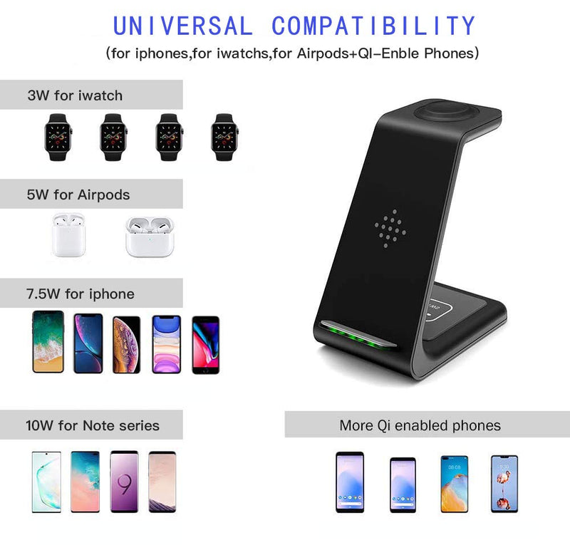 [Australia - AusPower] - Wireless Charging Station, 3 in 1 Charging Station Dock, Qi-Certified Charging Stand for iPhone 12/12 Pro/12 Pro Max/11/11 Pro/X/Xr/Xs/8 Plus/Samsung Phones, Apple Watch 6/SE/5/4/3/2, Airpods 2/Pro 