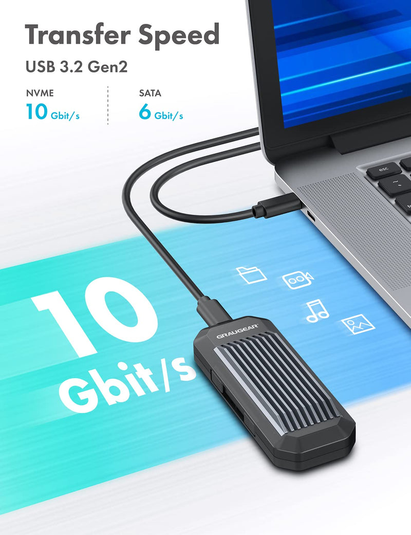 [Australia - AusPower] - GRAUGEAR 10Gbps M.2 NVMe SATA SSD Enclosure Adapter, Tool-Free USB3.2 Gen2 External SSD Case, USB C to USB C/USB A Cables, M Key, B+M Key, RTL9210B for Size 2230/2242/2260/2280[G-M202-AC-10G] 
