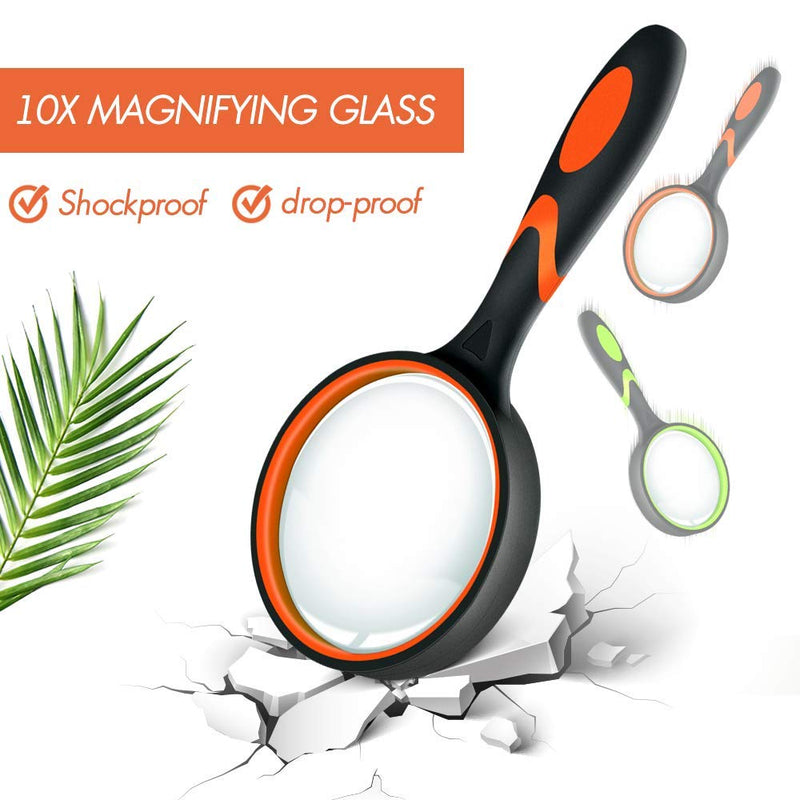 [Australia - AusPower] - Leffis 3 Pack Magnifying Glass, 10X Non-Slip Handheld Reading Magnifier for Kids and Seniors, 75mm Magnifying Glass Lens for Reading, Classroom Science, and Nature Exploration (Felt Bag Included) 3 Pack(green/Yellow/Orange) 