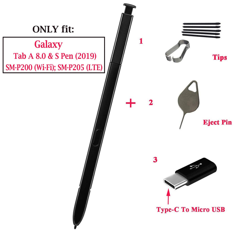 [Australia - AusPower] - Ubrokeifixit P200 P205 Touch Stylus S Pen Replacement for Samsung Galaxy Tab A 8.0 with S Pen 2019" SM-P200 SM-P205,with Tips/Nibs,with Eject Pin,with Type-C to Micro USB Plug (Black) 