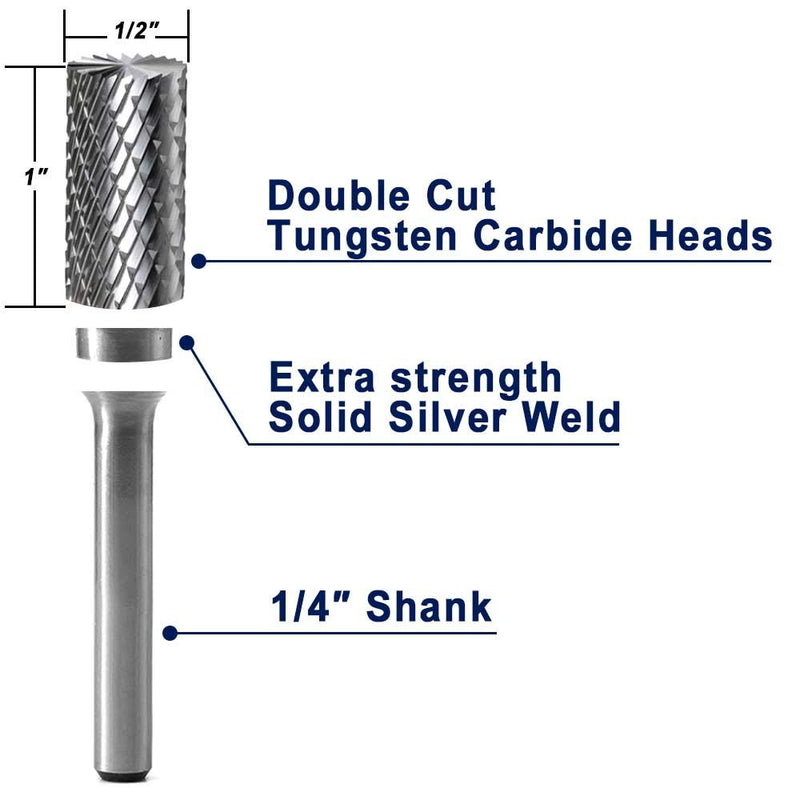 [Australia - AusPower] - YUFUTOL SB-5 Tungsten Carbide Burr Cylinder Shape Double Cut Rotary Burrs File(1/2''cutter Dia ， 1''Cutter Length) with 1/4'' (6.35mm) Shank dia 