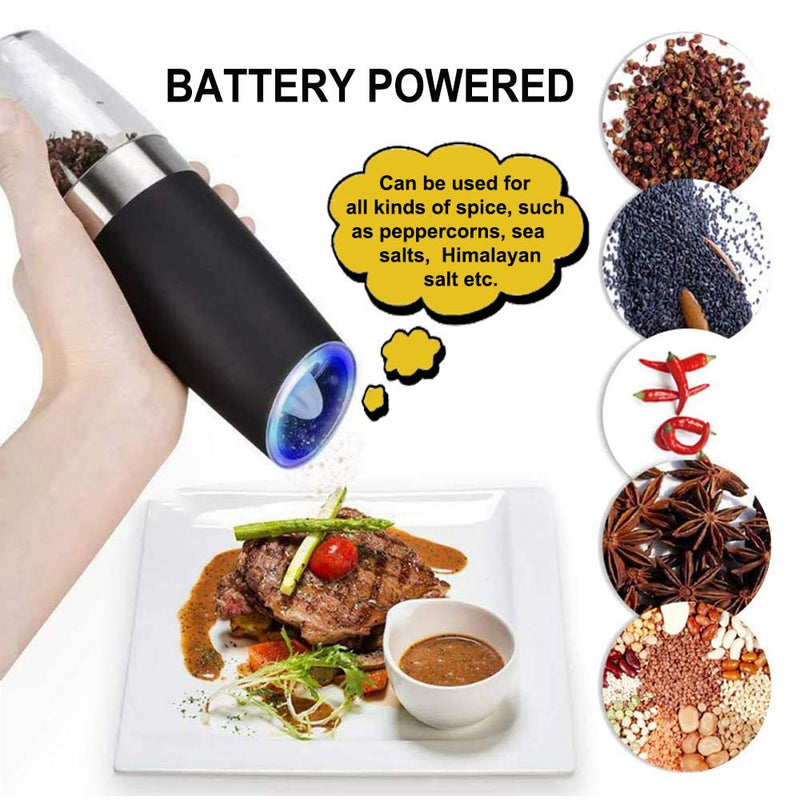 [Australia - AusPower] - YAYAYOUNG Gravity Electric Grinder set of 2,Automatic Pepper and Salt Mill Grinder with Blue LED LIGHT,Electric Pepper Mill with Adjustable Coarseness,Refillable,salt and pepper shaker,pepper grinder Black 