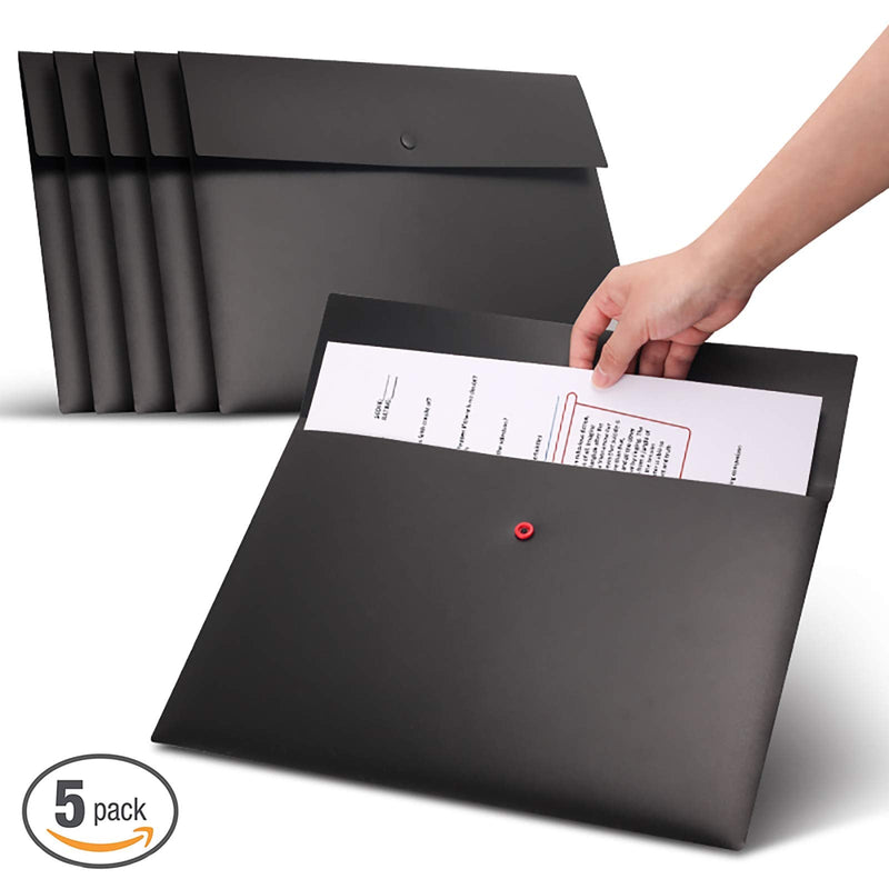 [Australia - AusPower] - VANRA Poly File Folder Pockets File Jacket Plastic Envelope Flat Document Letter Organizer with Snap Button Closure A4 Letter Size (Pack of 5, Black) A4 Size: 12.6”L x 9"H 