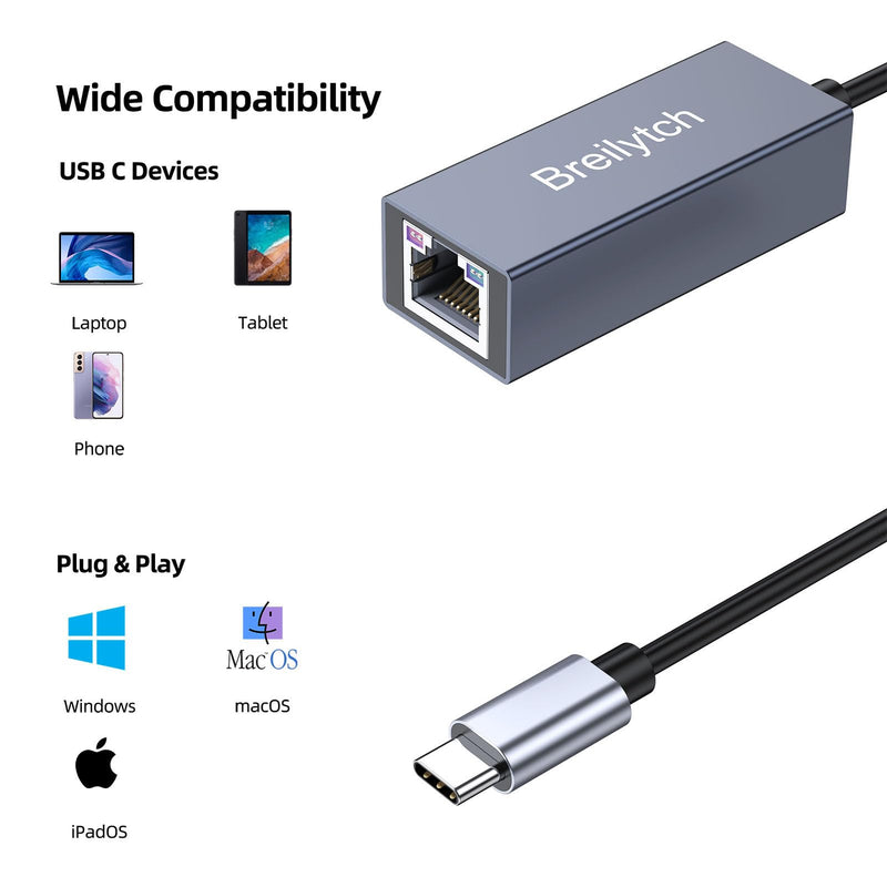 [Australia - AusPower] - USB-C to Ethernet Adapter,USB C to Gigabit Ethernet Adapter,1Gbps Type-C(Thunderbolt 3) Gigabit Ethernet LAN Network Adapter Compatible for MacBook Pro/Air, iPad Pro, Dell XPS, Surface Laptop, Mac 