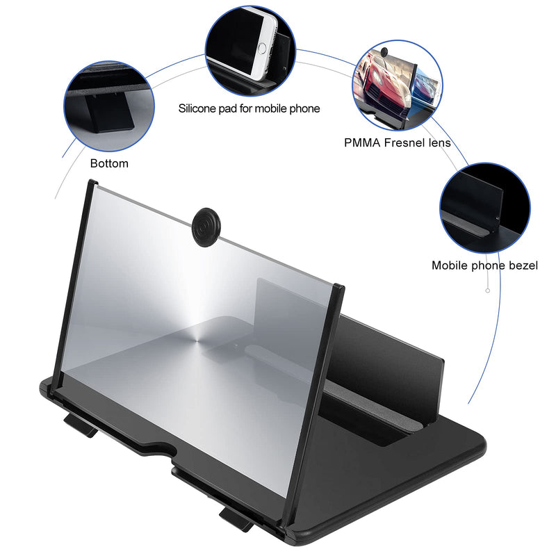 [Australia - AusPower] - 12" Phone Magnifying Screen, 3D HD Screen Amplifier for Cell Phone, Foldable Phone Screen Magnifier, for Movies, Videos and Gaming, Compatible with All Smartphones (Black) 