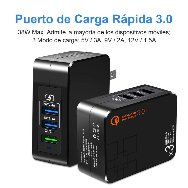[Australia - AusPower] - Fast Charge 3.0 USB Wall Charger (3A Max.) with Dual 5V/2.4A USB Ports (Total 4A), Portable 38W QC3.0 USB Charger Power Adapter with Foldable Plug for iPhone XS/Max/XR/X/8/7/6s/Plus, iPad Pro-Black. Black 