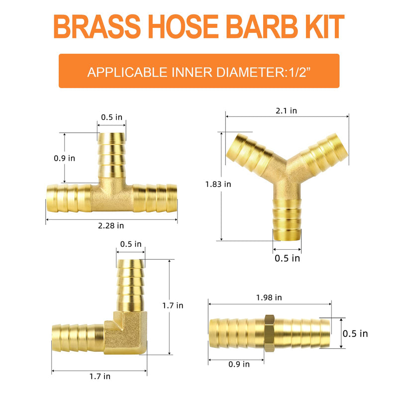 [Australia - AusPower] - GASHER 8 Pieces 1/2 Inch Brass Hose Barb Set, 90 Degree L Right Angle Elbow, Y-Shape Air Hose Barb, Tee Hose Barb, Fuel/AIR/Water/Oil/Gas/WOG 1/2" 