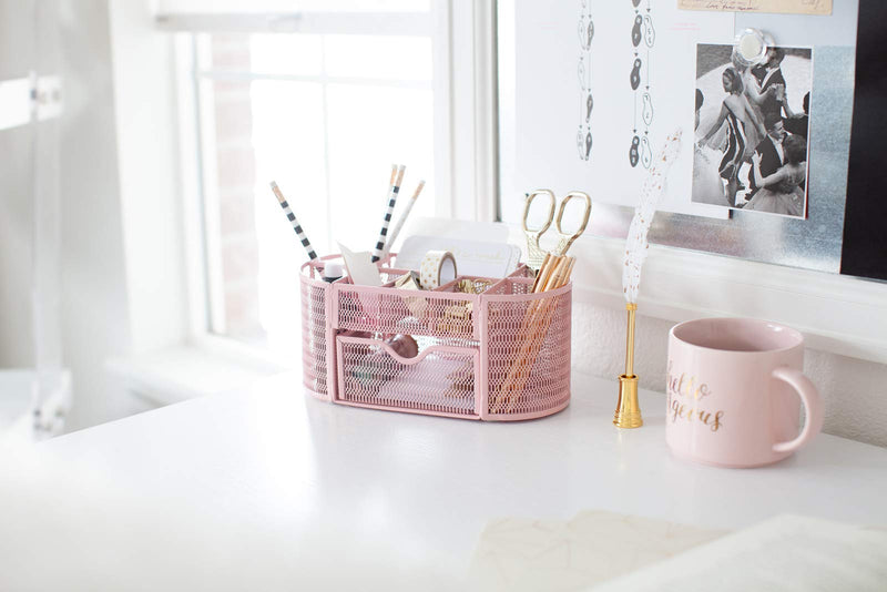 [Australia - AusPower] - Pink Desk Organizer - Girlie Desk Accessories - Strong Metal Construction - Office Supply Storage for Home or Office - Desk Organizer Pink - Light Pink Desk Accessories 