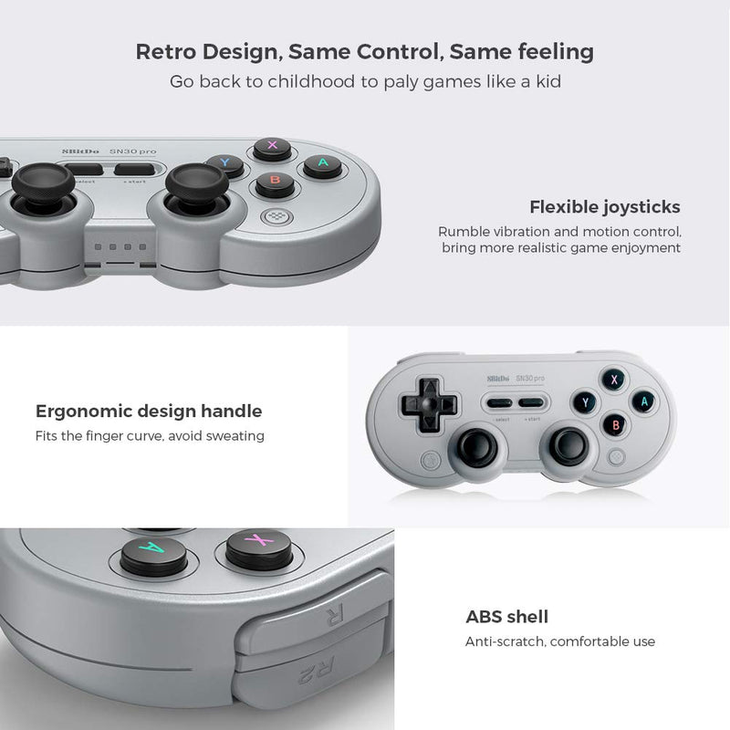 [Australia - AusPower] - 8Bitdo SN30 Pro Wireless Bluetooth Controller with Joysticks Rumble Vibration USB-C Cable Gamepad Compatible with Switch,Windows, Mac OS, Android, Steam (Gray Edition) 