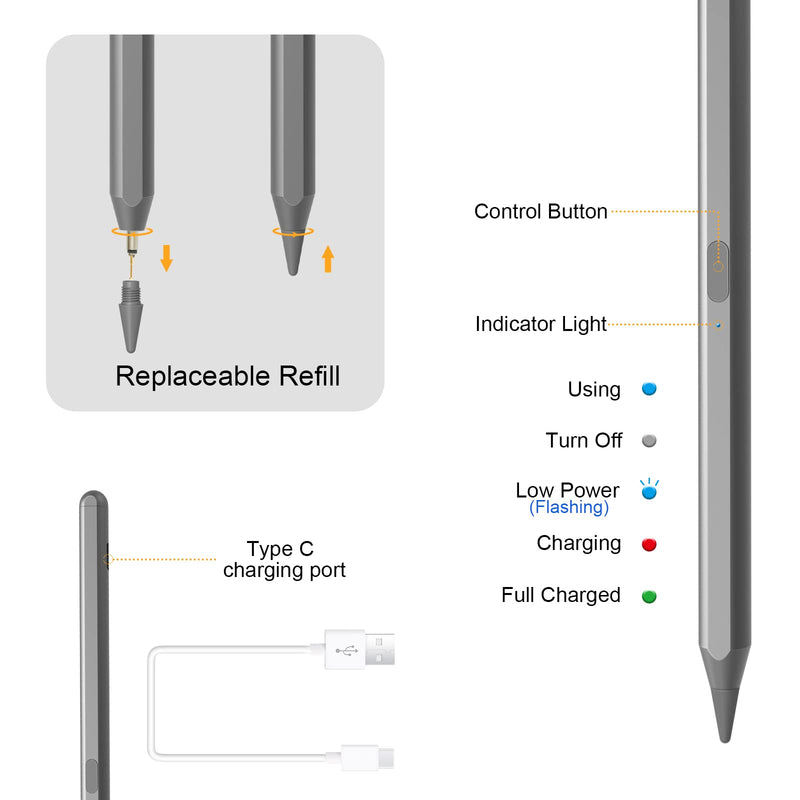 [Australia - AusPower] - Stylus Pencil for 2021 iPad Pro 5th Generation 12.9/11 inch, Pen for Apple iPad Pro 4th/3rd Gen, iPad Air 4th/3rd Gen, iPad Mini 6/5 Gen, iPad 9th/8th/7th/6th Generation Compatible with (2018-2021) grey 