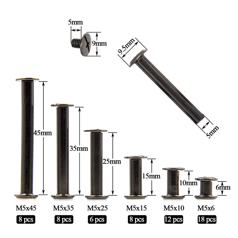 [Australia - AusPower] - Alloypro 120 Pcs (60 Pair) M5 x 6/10/15/25/35/45 Black Phillips Chicago Screws Binding Screw Posts,Scrapbook Photo Albums Binding Screws Assorted Kit 6 Sizes for Leather Saddles Purses Belt Repair Black M5x6/10/15/25/35/45 