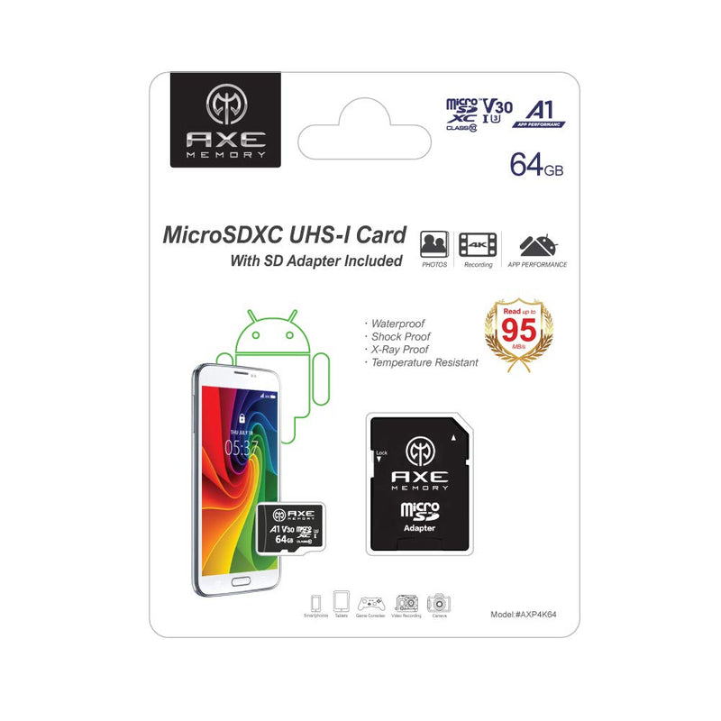 [Australia - AusPower] - AXE MEMORY 64GB microSDXC Memory Card + SD Adapter with A1 App Performance, V30 UHS-I U3 4K Black - A1 High Speed 64 GB 