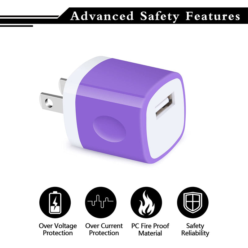 [Australia - AusPower] - Charger Box,Charging Block, 5Pack 1A One Port USB Plug Fast Wall Charger Compatible with iPhone 13 Pro,12 Pro Max,11 Pro Max,SE,8,7,6 Plus,Samasung Galaxy S21 Ultra S20 FE S10 Plus A12 A21 A52 F52 A72 Green,Purple,Black,Rose,Blue 